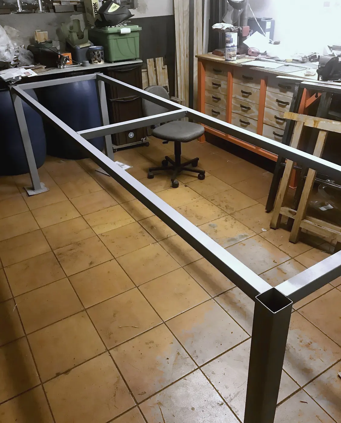Welded steel frame of a large table